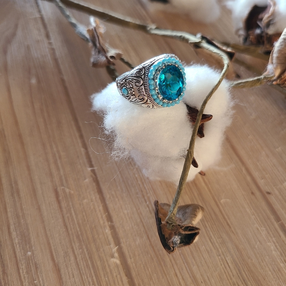 Gorgeous Bohemian Turquoise beaded ring in Silver Plating - Picture 4 of 7